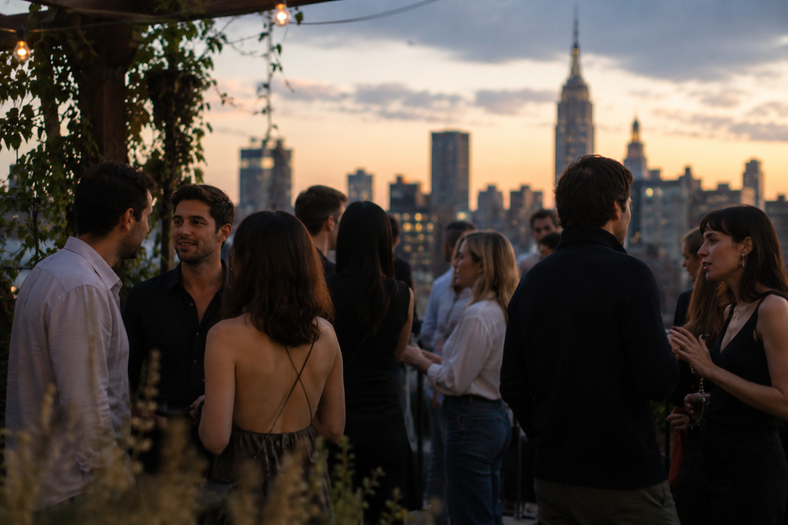 A small group of members in conversation on a New York rooftop terrace at golden hour, with the Manhattan skyline behind them