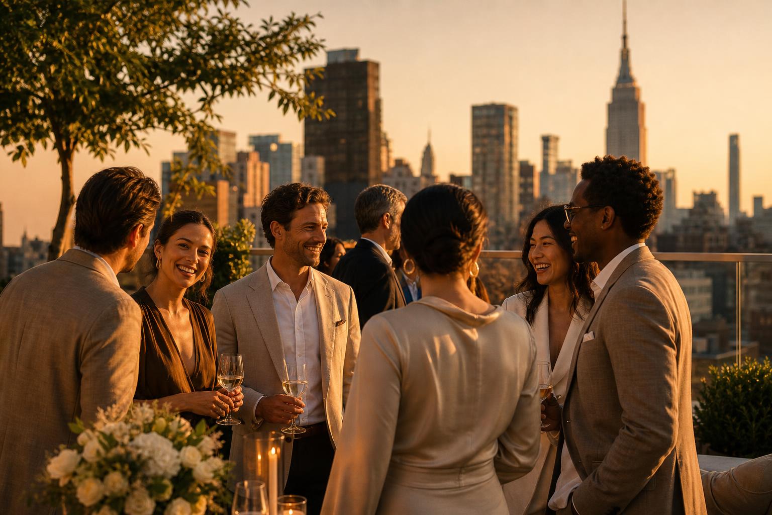A small group of members in conversation on a New York rooftop terrace at golden hour, with the Manhattan skyline behind them